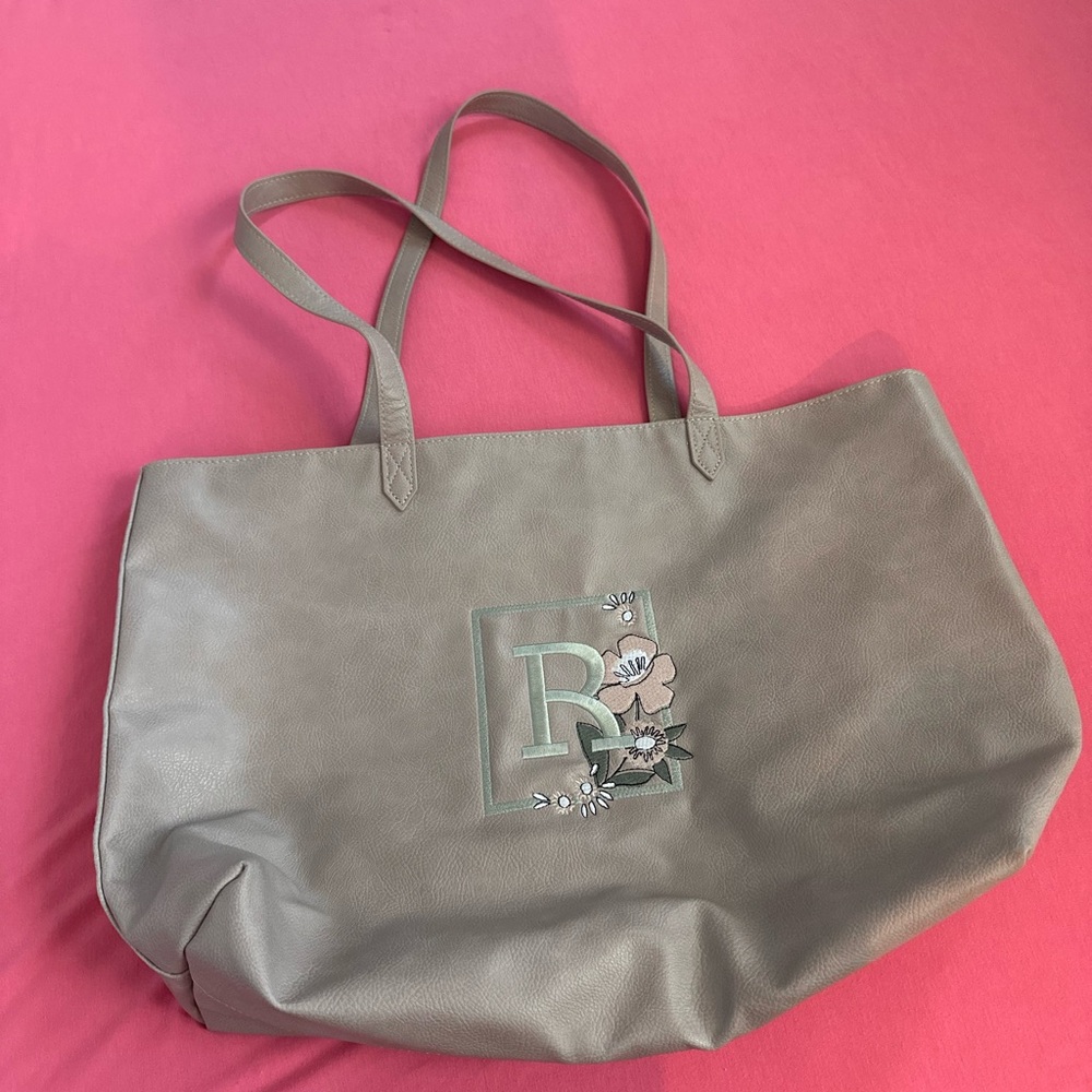 thirty-one Taupe Faux-Leather Tote with Embroidered Floral Logo